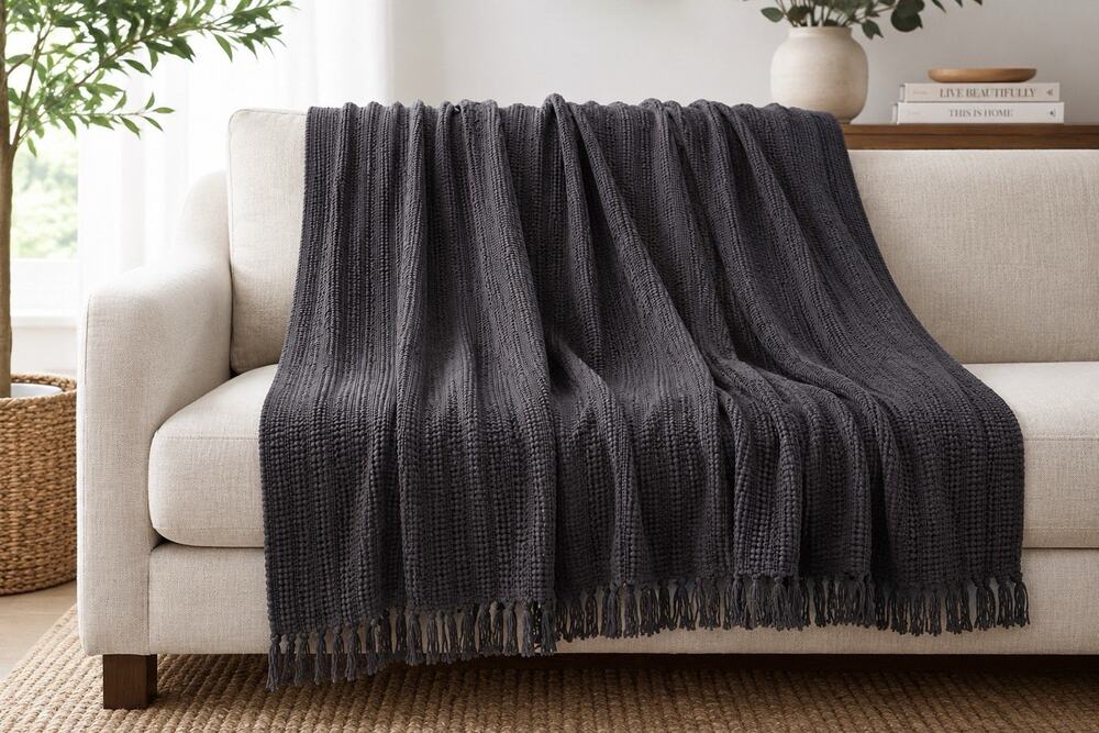 Throw Blanket Sofa Chair Black With Tassel Fringe Cotton 78x96 Inch